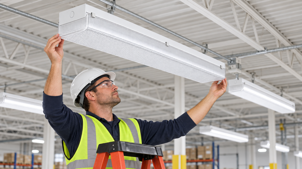 Worker on a ladder snapping a prismatic wrap-around cover onto a four-foot fluorescent strip light fixture
