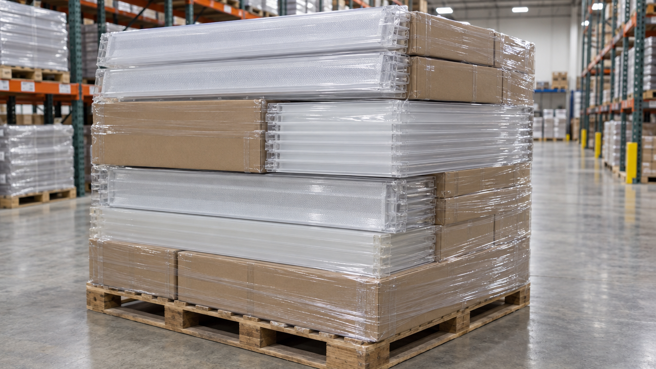 Pallet of replacement fluorescent light cover panels ready to ship in a warehouse