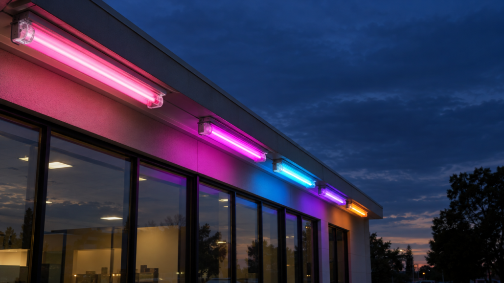 Colored shatter-resistant tube guard sleeves over fluorescent tubes lighting a commercial storefront at night