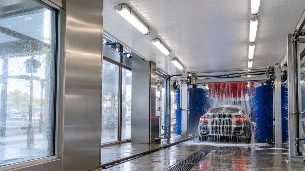 Row of vapor-tight LED linear fixtures lighting the ceiling of an automatic car wash tunnel