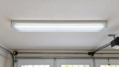 Wraparound fluorescent light fixture with clear prismatic cover on a garage ceiling